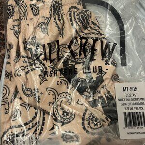 MUAY THAI SHORTS (MID THIGH CUT) BANDANA - CREAM / BLACK